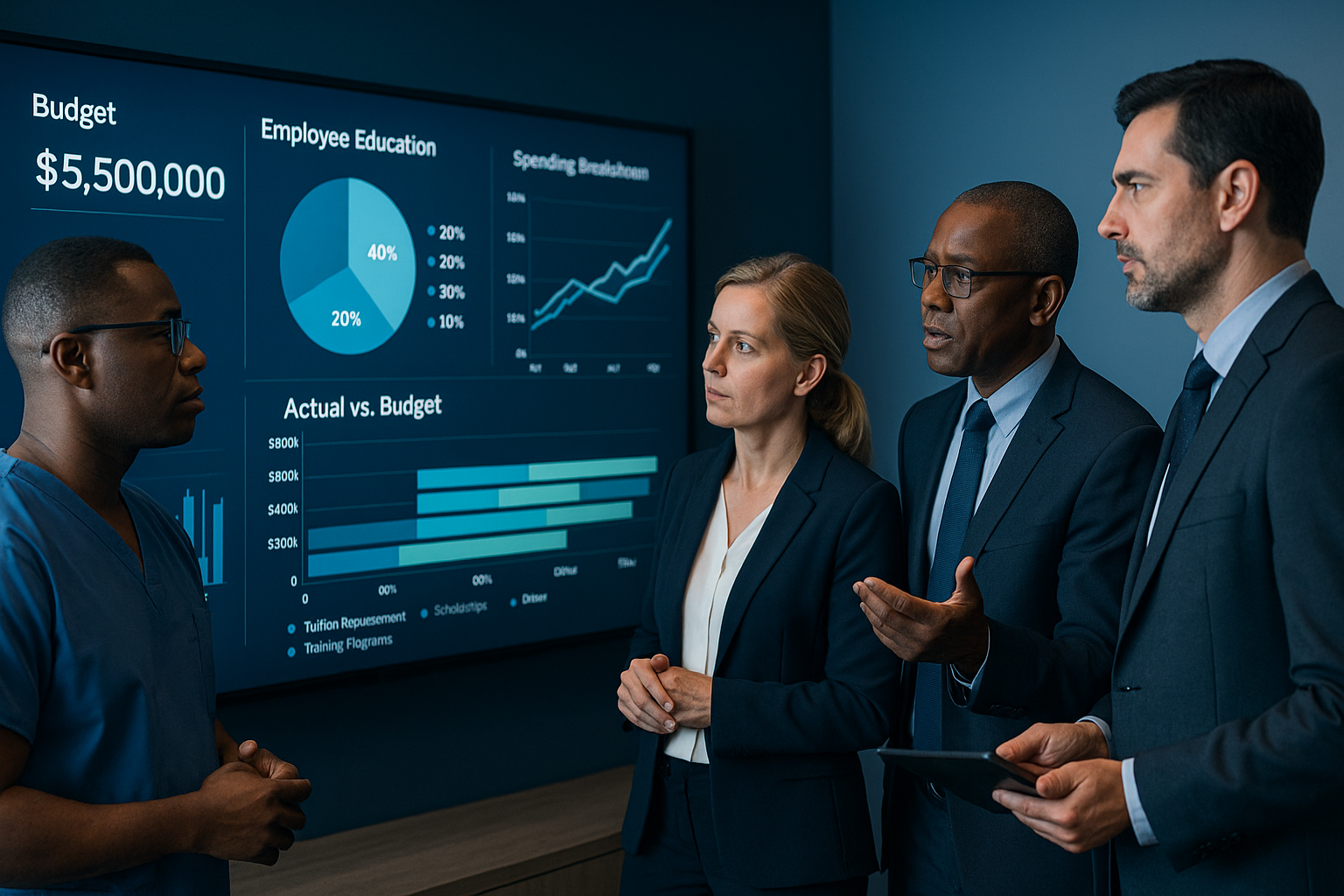 Executives at a U.S. nonprofit hospital review education assistance program budget metrics and employee training data on a digital dashboard.