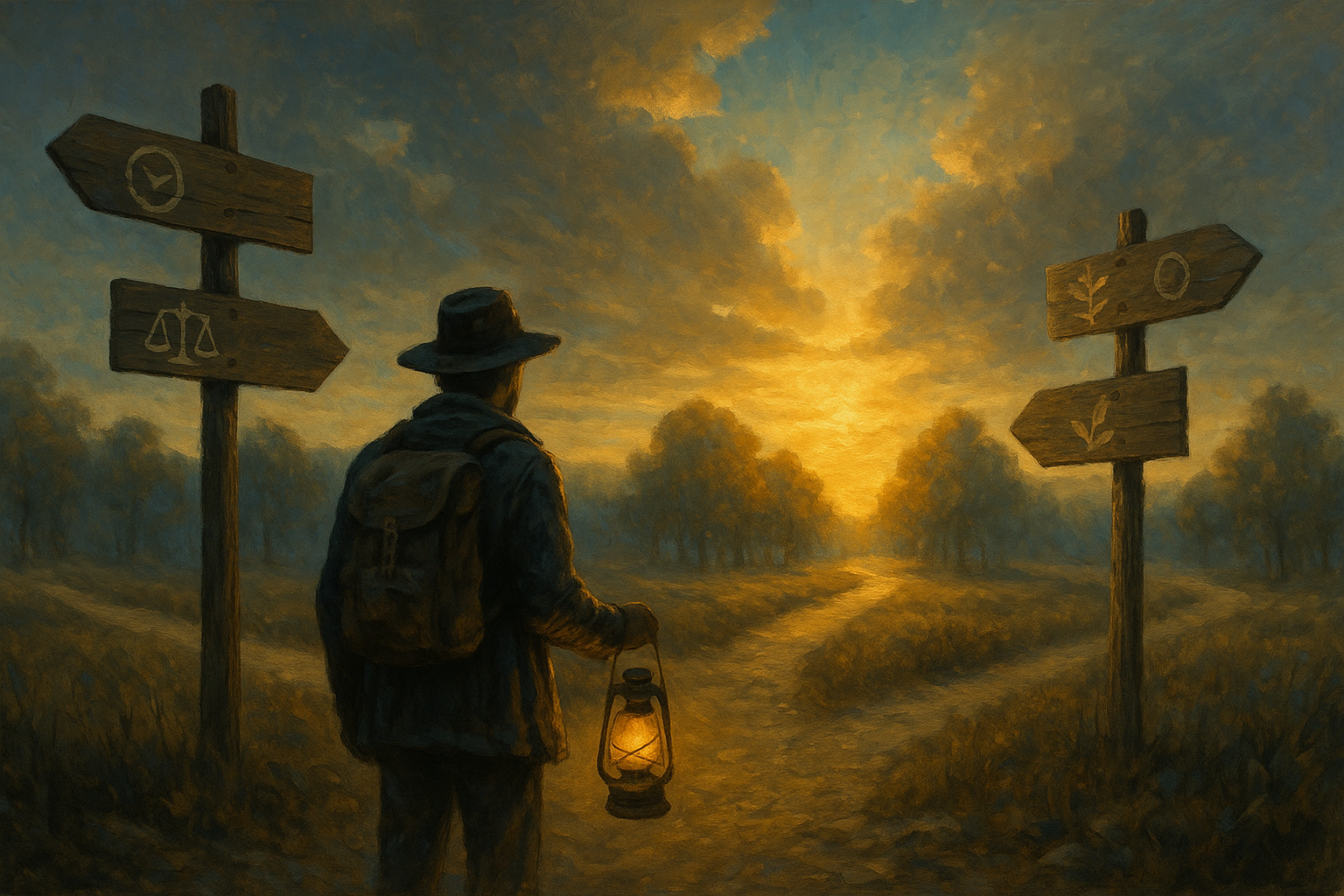 Traveler at a crossroads holding a lantern under golden light, symbolizing guidance, clarity, and hope on the path to student loan forgiveness for U.S. nonprofit employees.