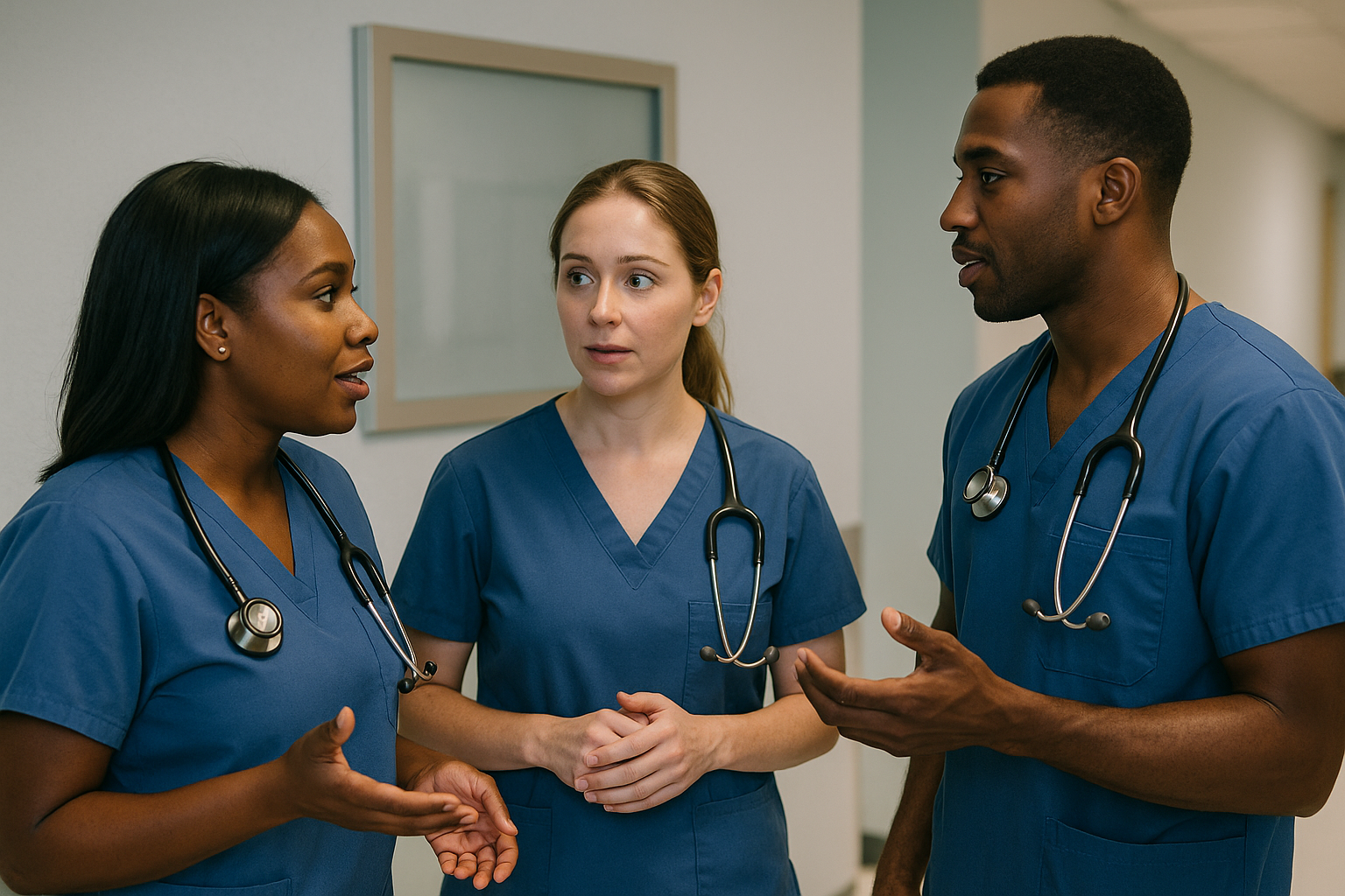 A group of three diverse nurses in blue scrubs standing in a hospital hallway, engaged in a focused and friendly conversation. One nurse is speaking with hand gestures, while the other two listen attentively. All three wear stethoscopes around their necks. The lighting is warm and natural, creating a professional and collaborative atmosphere.