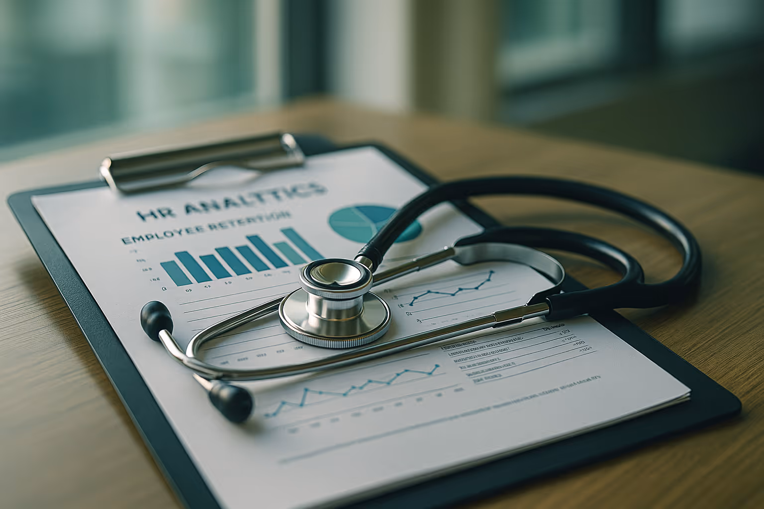 A stethoscope resting on a clipboard displaying HR analytics and employee retention charts in a modern healthcare office, symbolizing the connection between financial wellness and workforce retention in U.S. hospitals, with soft natural lighting and calming blue-green tones representing trust and well-being.