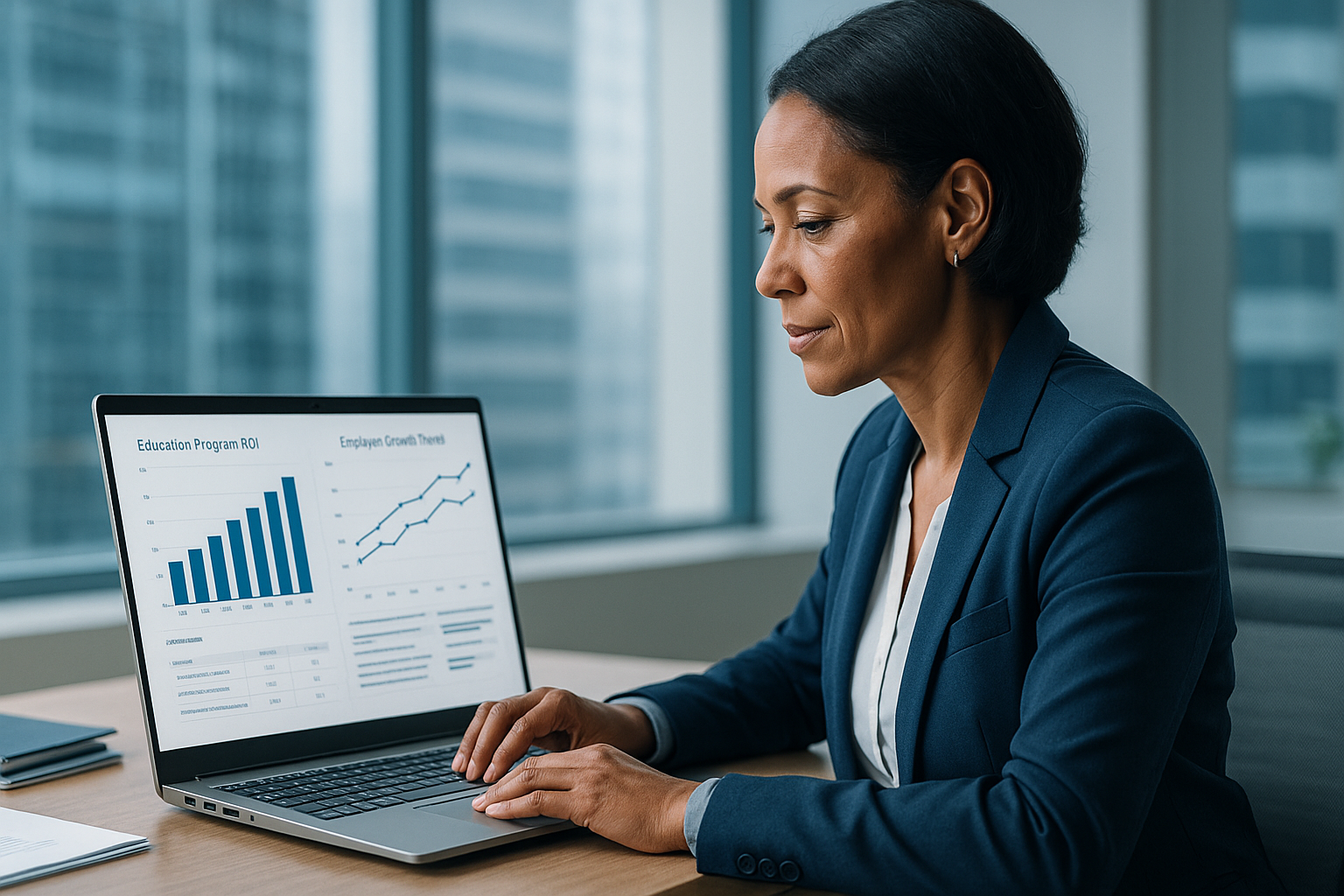 A professional HR executive in a navy blazer reviews data charts on a laptop in a modern, sunlit office. The screen displays graphs labeled “Education Program ROI” and “Employee Growth Trends,” reflecting a focus on workforce development and performance analytics.