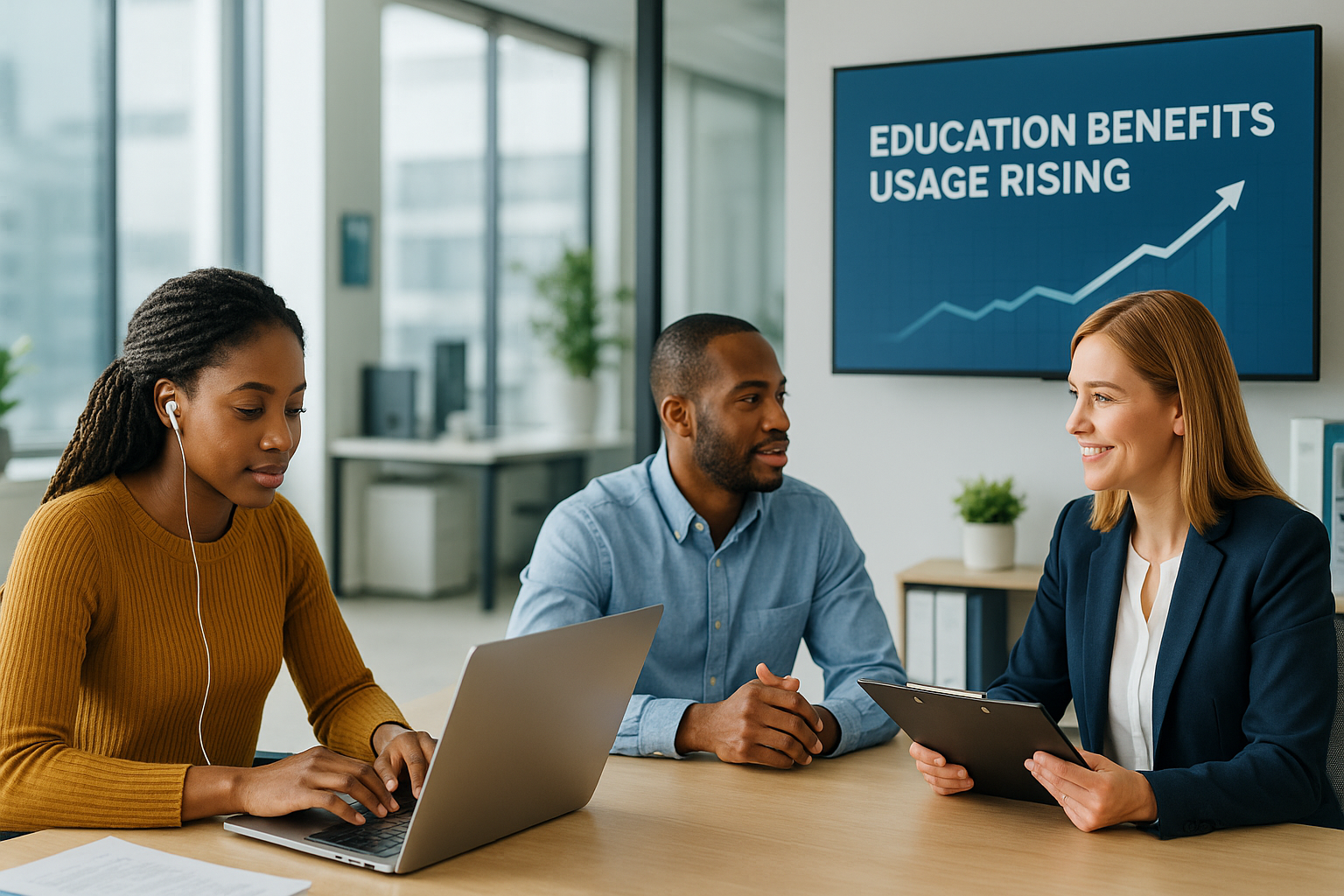 A diverse group of three professionals collaborate in a bright, modern office. One woman works on a laptop with earbuds, a man speaks with another woman holding a clipboard, and a large digital screen in the background displays the words “Education Benefits Usage Rising” with an upward trend line.