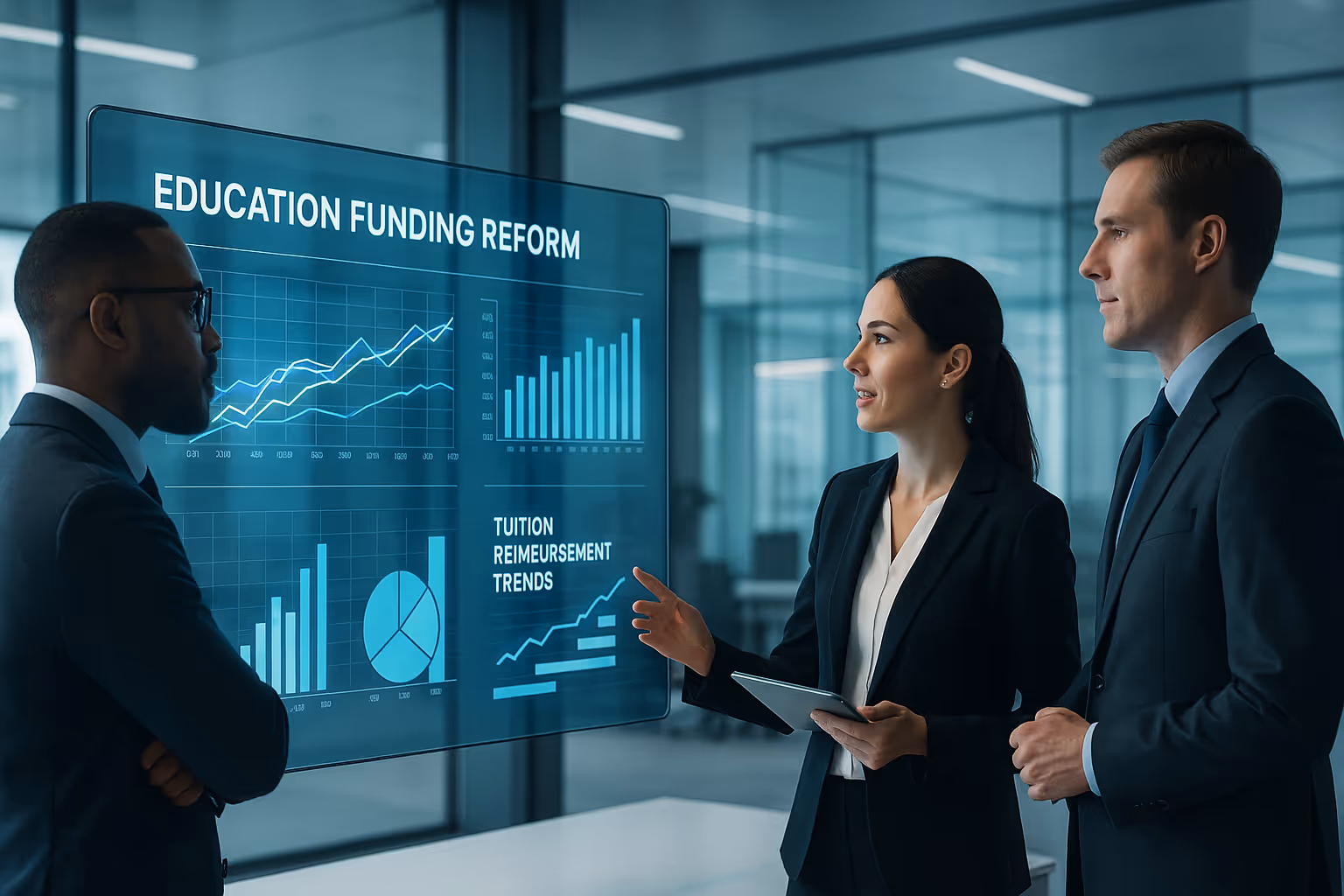 HR and finance leaders review digital dashboards showing “Education Funding Reform” and “Tuition Reimbursement Trends” in a modern, glass-walled office.