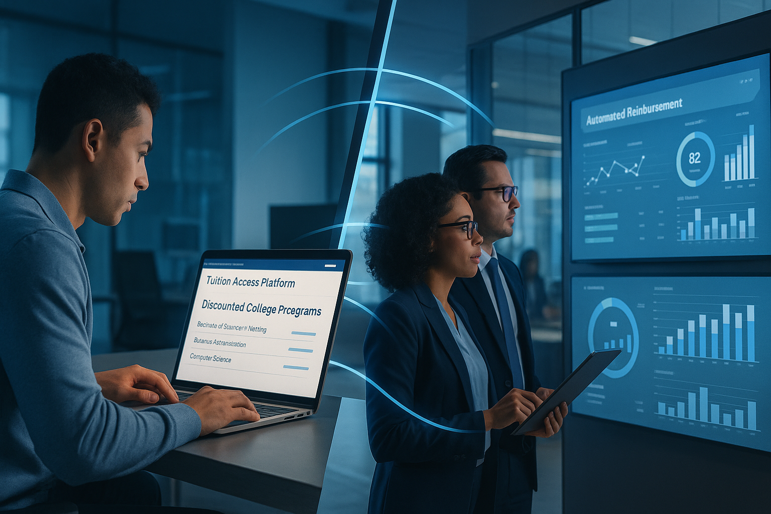 A split-screen image showing an employee exploring discounted college programs on a tuition access platform beside HR professionals reviewing automated tuition reimbursement data on digital dashboards, symbolizing connected education benefits and workforce development.