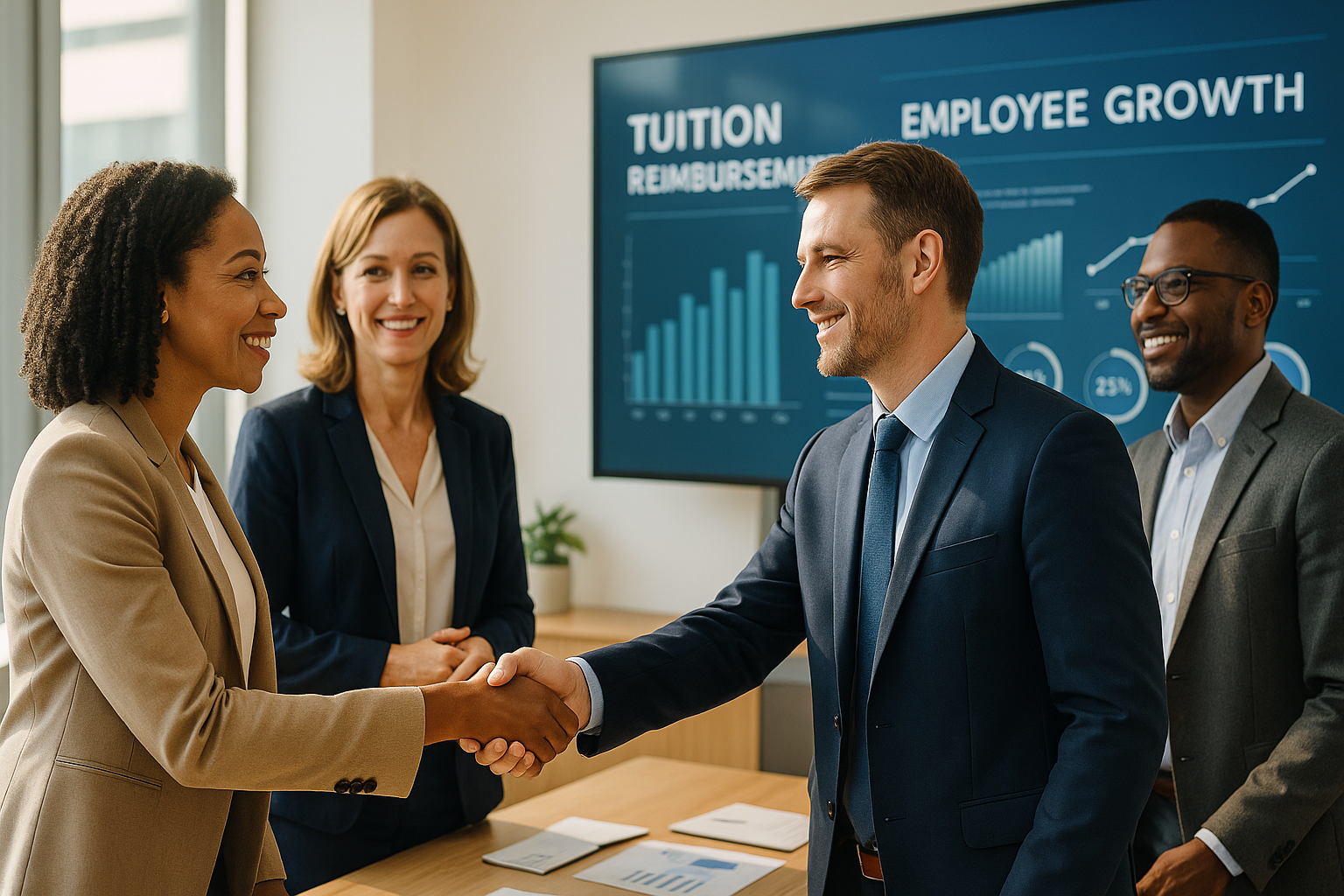HR leaders and vendor representatives shake hands in a bright U.S. office, surrounded by digital screens displaying tuition reimbursement and employee growth metrics, symbolizing strong education benefit partnerships and workforce development collaboration.