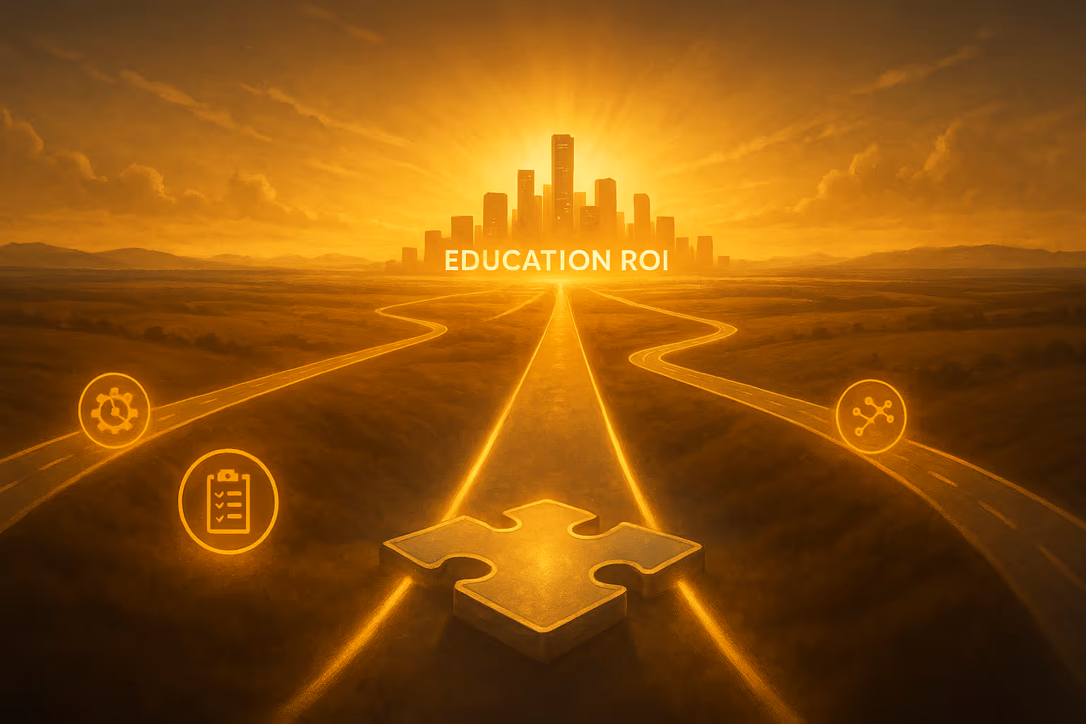 A golden sunrise over a modern U.S. city skyline labeled “Education ROI,” with illuminated pathways symbolizing integration, compliance, and automation in tuition reimbursement technology—representing how HR and finance leaders achieve measurable workforce education returns.