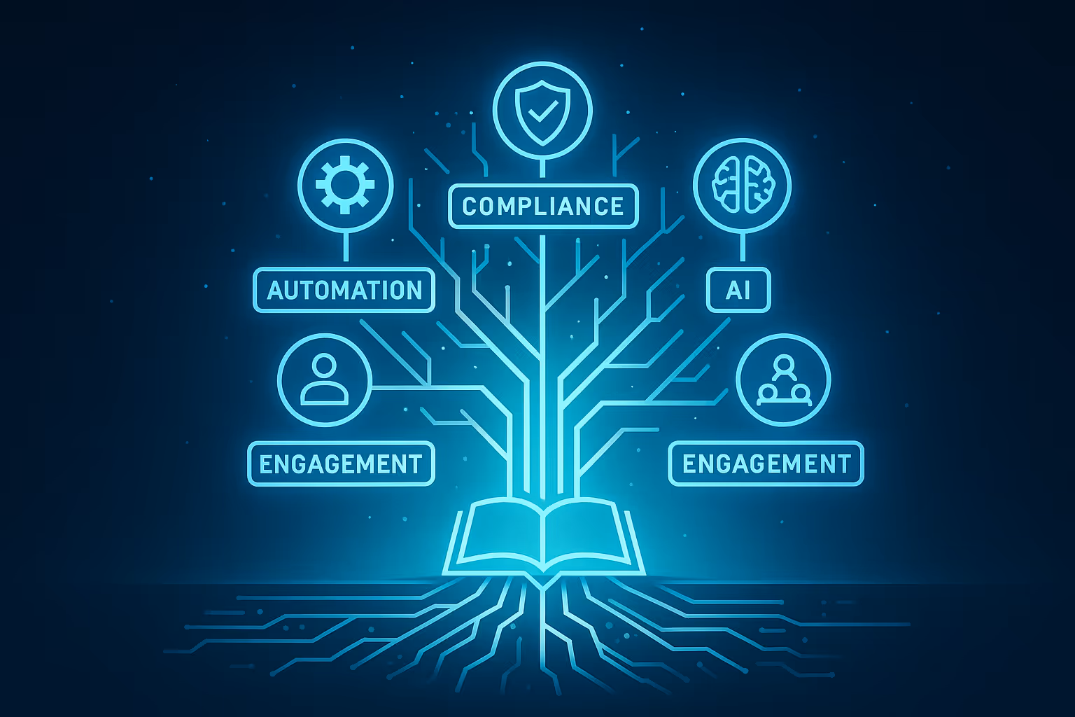 A glowing digital tree with circuitry roots and neon blue branches emerging from an open book, each branch labeled “Automation,” “Compliance,” “AI,” and “Engagement,” symbolizing technology-driven workforce education and the future of tuition reimbursement in the U.S.
