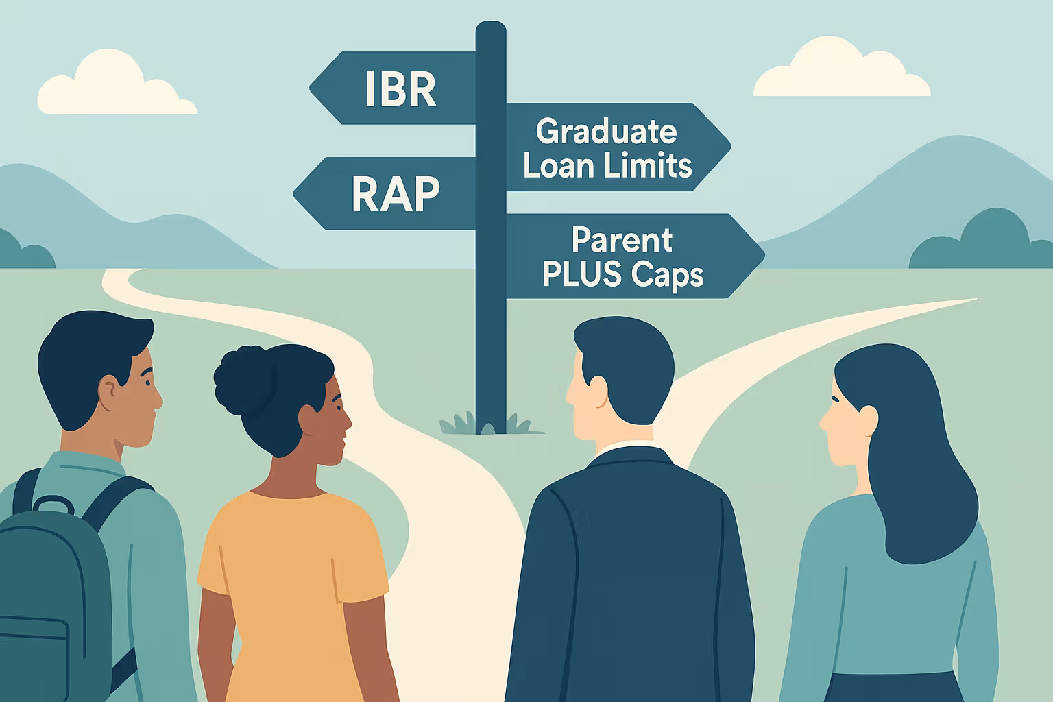 Modern flat-style illustration of diverse student loan borrowers standing at a crossroads with signposts labeled IBR, RAP, Graduate Loan Limits, and Parent PLUS Caps, symbolizing new federal student loan repayment changes and borrowing limits in the United States.