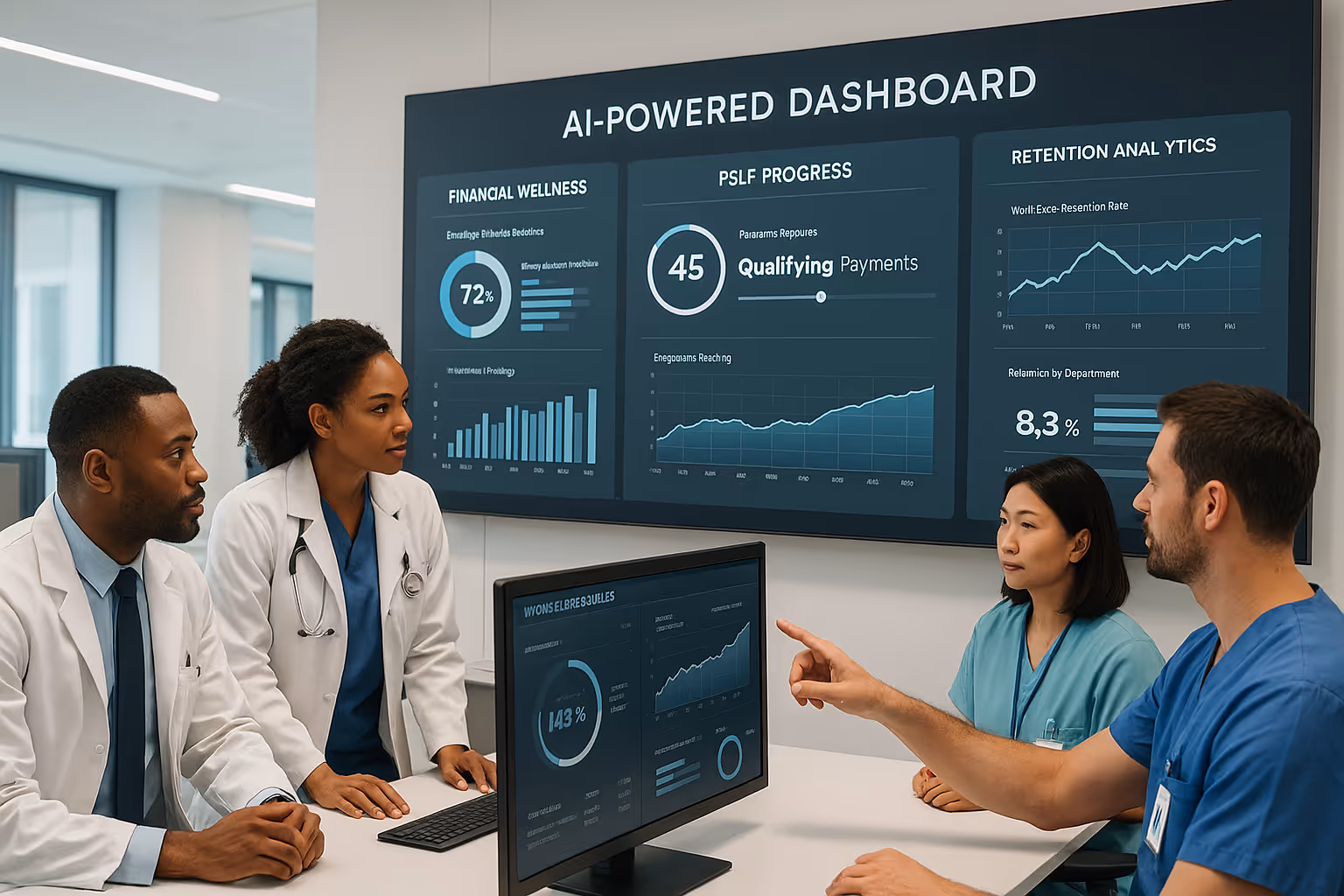 Healthcare HR team in a modern non-profit hospital reviewing an AI-powered workforce dashboard displaying financial wellness metrics, PSLF progress tracking, and employee retention analytics in a bright, data-driven operations hub.