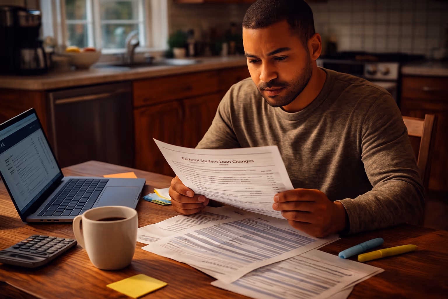 Adult learner reviewing federal student loan policy updates at a kitchen table with a laptop, calculator, sticky notes, and coffee in warm morning sunlight—realistic home setting for college financial planning.