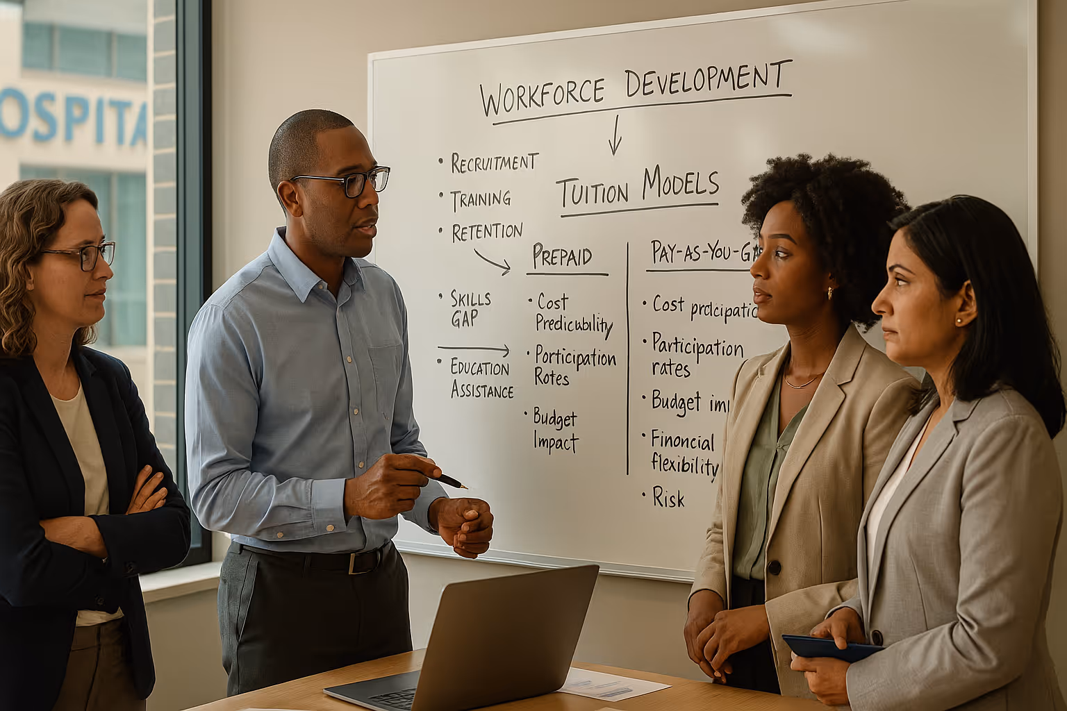 Diverse team of hospital HR and finance executives reviewing workforce development and tuition assistance models at a whiteboard in a modern healthcare office, with hospital branding visible in the background.