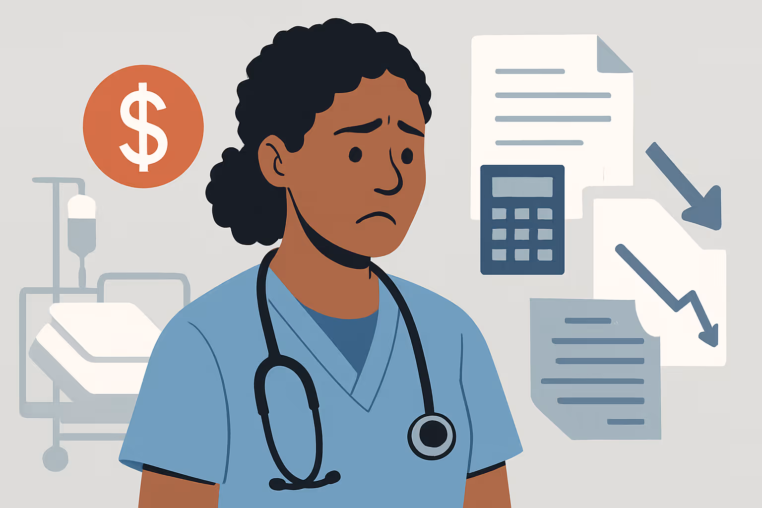 A concerned nurse in hospital scrubs stands in front of medical and financial icons, symbolizing healthcare worker debt and financial stress. Illustration representing financial wellness for hospital staff and nurses.