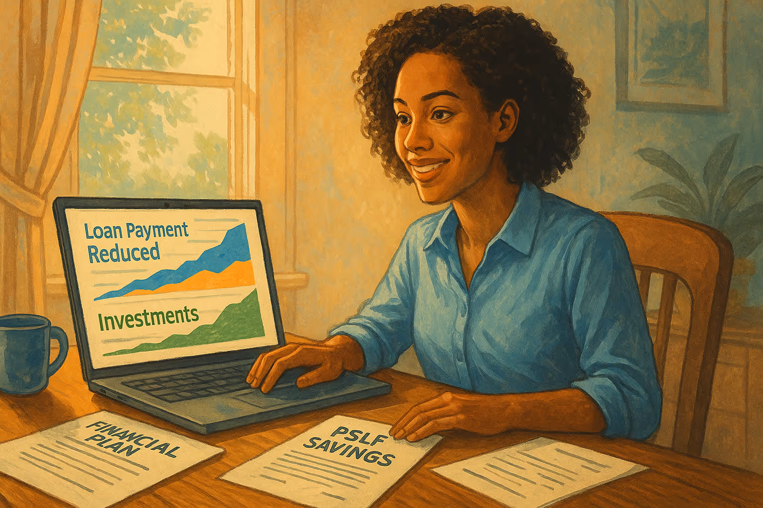  Illustration of a young woman reviewing finances on her laptop labeled “Loan Payment Reduced” and “Investments,” with papers titled “Financial Plan” and “PSLF Savings” on her desk.