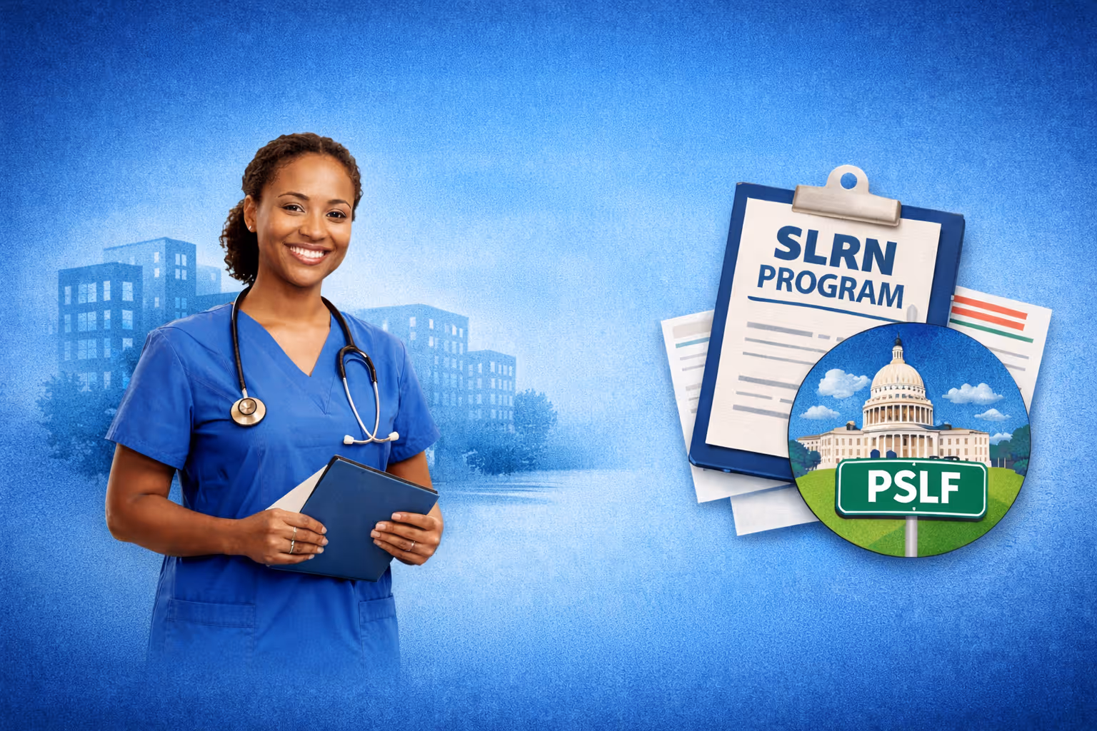 A smiling nurse in blue scrubs holding a clipboard, standing in front of a soft hospital background with abstract financial and government-themed icons, representing student loan relief and public service work.