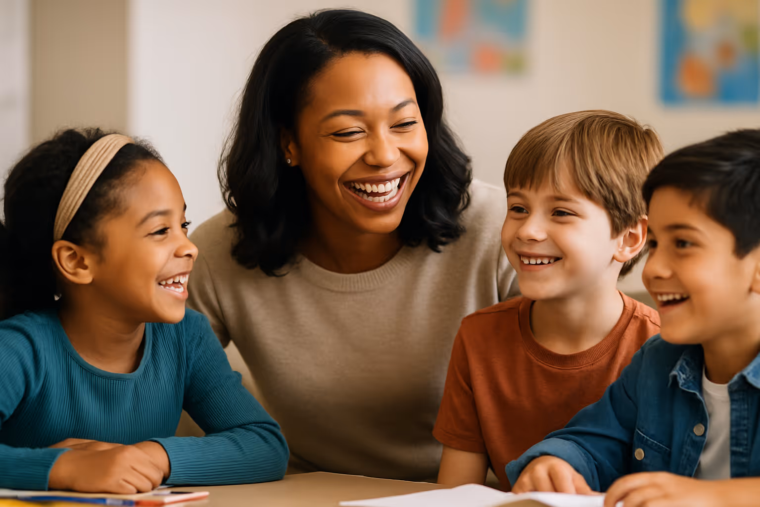 A smiling teacher sits at a classroom table surrounded by three happy, diverse students, all laughing and engaged in conversation. The bright, welcoming setting and natural light convey a sense of connection, joy, and educational success.
