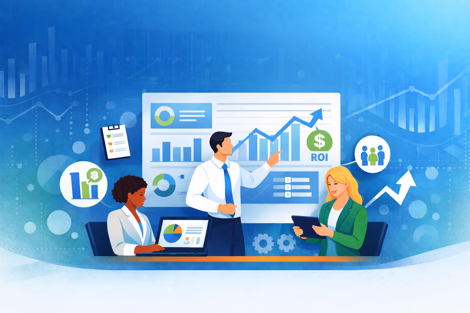 Three HR professionals reviewing workforce analytics on digital dashboards, including charts and growth graphs, representing data-driven financial wellness strategy in a modern office setting.