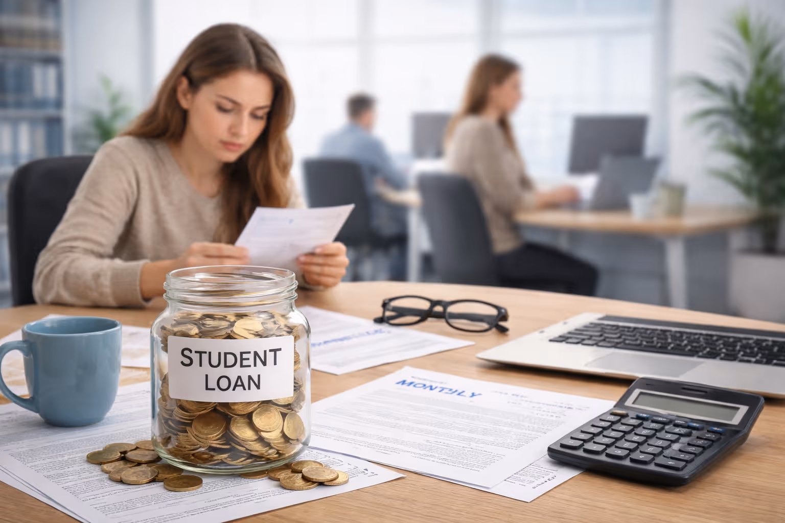 A professional office setting with a woman reviewing paperwork at her desk, while a jar of coins labeled “student loan,” a calculator, and documents sit in the foreground, representing everyday financial planning and student debt management.