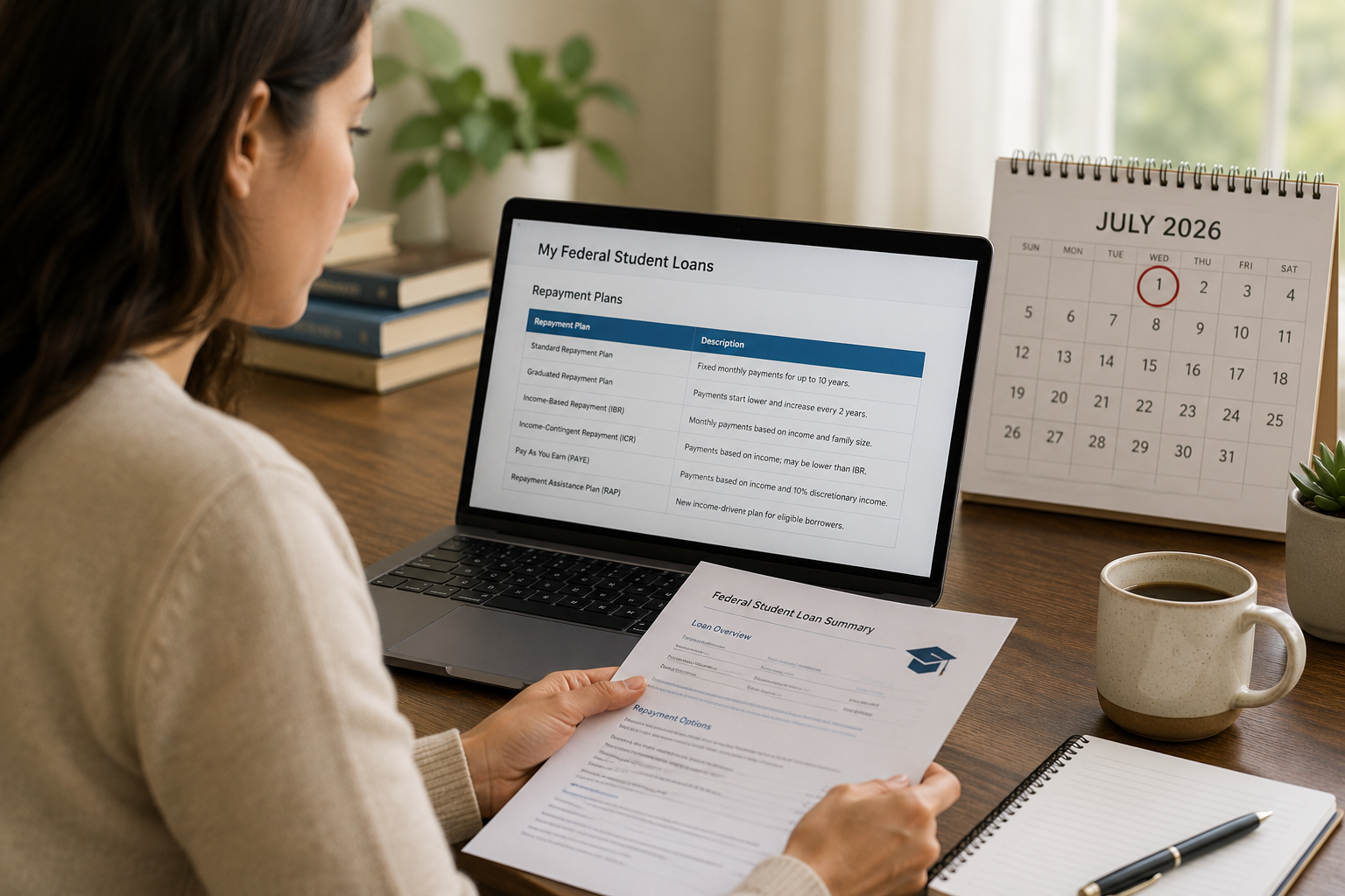 Borrower reviewing federal student loan repayment information on a laptop with a calendar marking July 2026 in the background.
