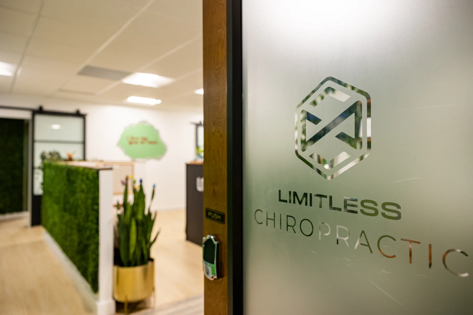 Limitless Chiropractic etched-glass entry door at the South Austin clinic on I-35 — front entry to the personal injury chiropractor practice in 78704
