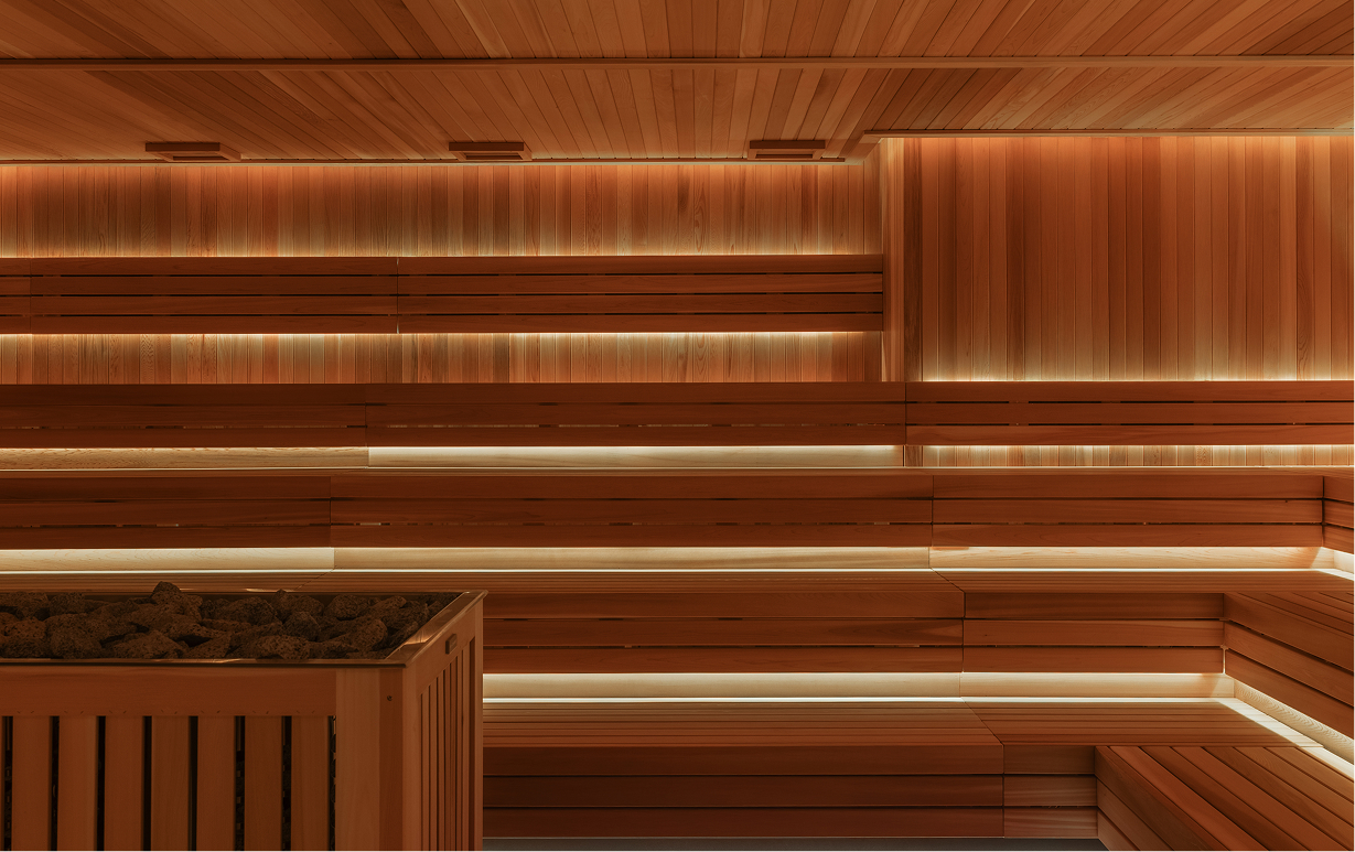 Tevah's 725 sq ft sauna with tiered seating