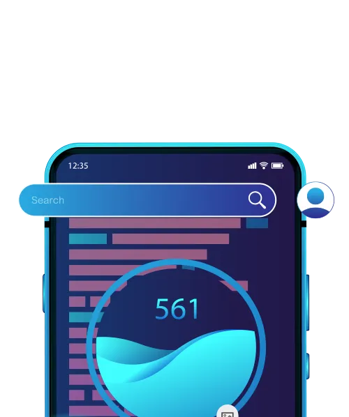 A phone with a blue screen showing the search bar, designed by a Web Design Company.