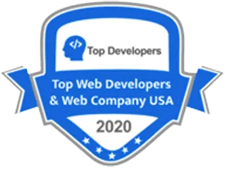 A blue and white badge labeled "Top Developers" featuring a silhouette of a head with code symbols, and a ribbon below it reading "Top Web Developers & Web Company USA 2020". The badge, showcasing bespoke strategies and small stars at the bottom, highlights excellence in AI & ML.