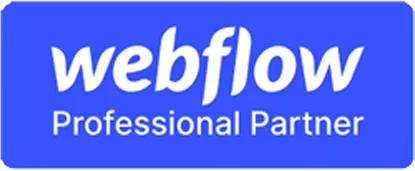 A blue rectangular badge with the white "webflow" logo written in lowercase letters. Beneath the logo, the text "Professional Partner" is displayed in white, highlighting a commitment to bespoke strategies.
