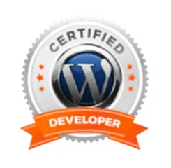 A circular badge featuring the WordPress logo in the center, surrounded by the words "Certified Developer." The badge has a silver border with five orange stars and an orange ribbon at the bottom that reads "Developer." Ideal for AI-infused digital marketing experts mastering bespoke strategies.