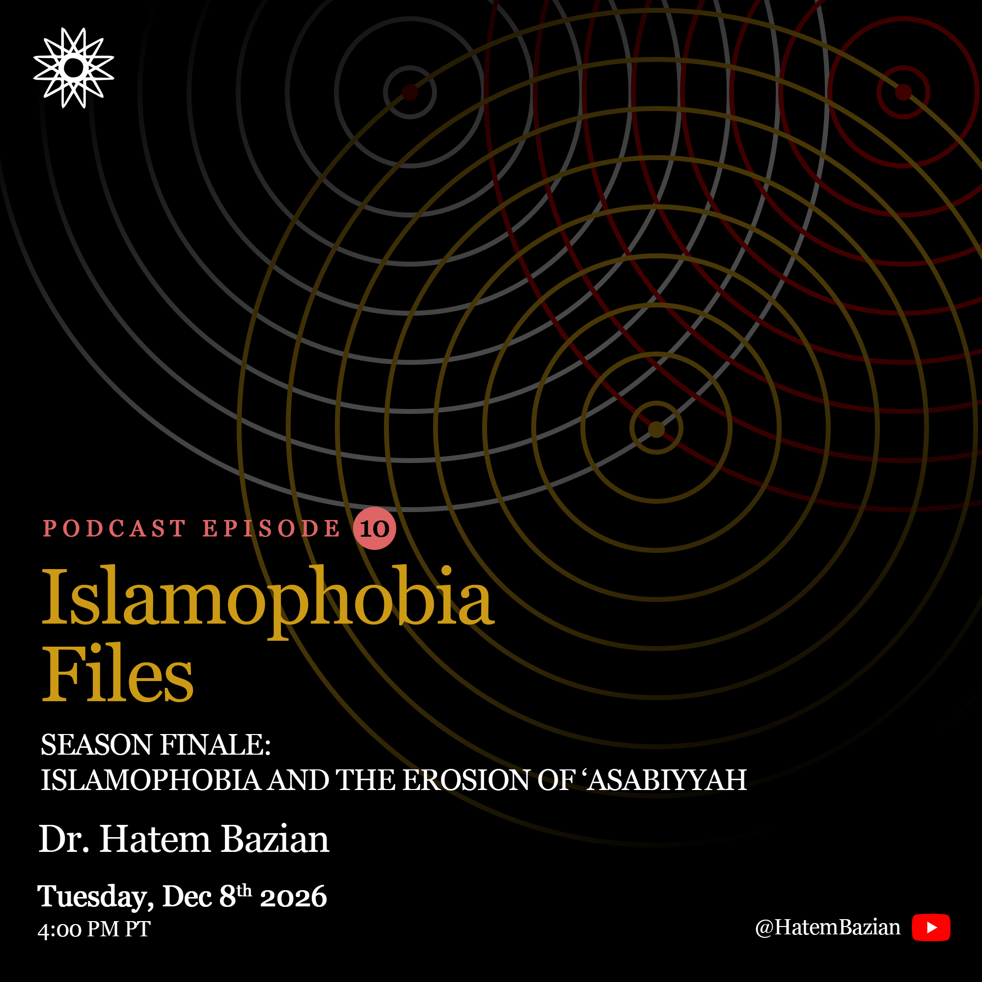 Islamophobia Files Episode 10 flyer: Season Finale: Islamophobia and the Erosion of 士Asabiyyah, with Dr. Hatem Bazian, Tuesday, December 8, 2026