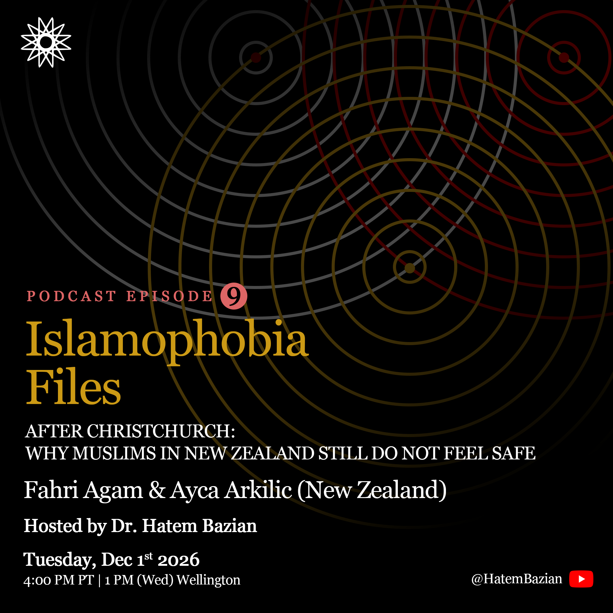 Islamophobia Files Episode 9 flyer: After Christchurch: Why Muslims in New Zealand Still Do Not Feel Safe, with Fahri Agam & Ayca Arkilic (New Zealand), Tuesday, December 1, 2026