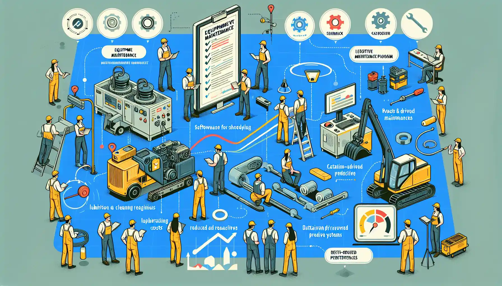 An isometric graphic illustration showcasing various activities related to industrial maintenance such as equipment checks, software scheduling, machine lubrication, predictive analytics, and specialized worker tasks. The image features workers engaged in different maintenance processes around machines and computer systems, emphasizing organization and technology in industry.