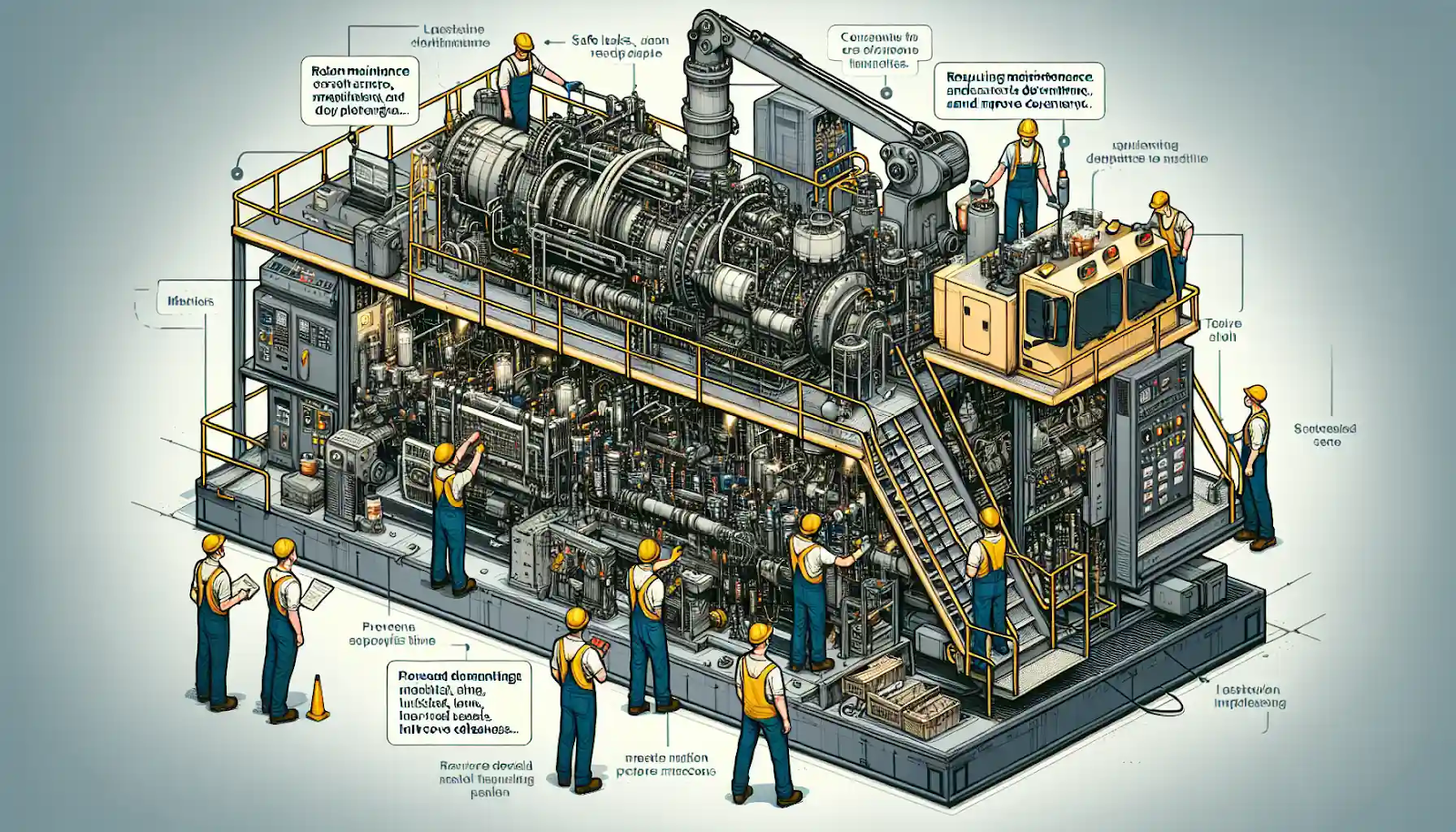 Illustration of a team of engineers and technicians wearing hard hats and safety vests working on and around a complex and detailed industrial machine with multiple levels and components. Various maintenance activities are annotated and highlighted throughout the scene.