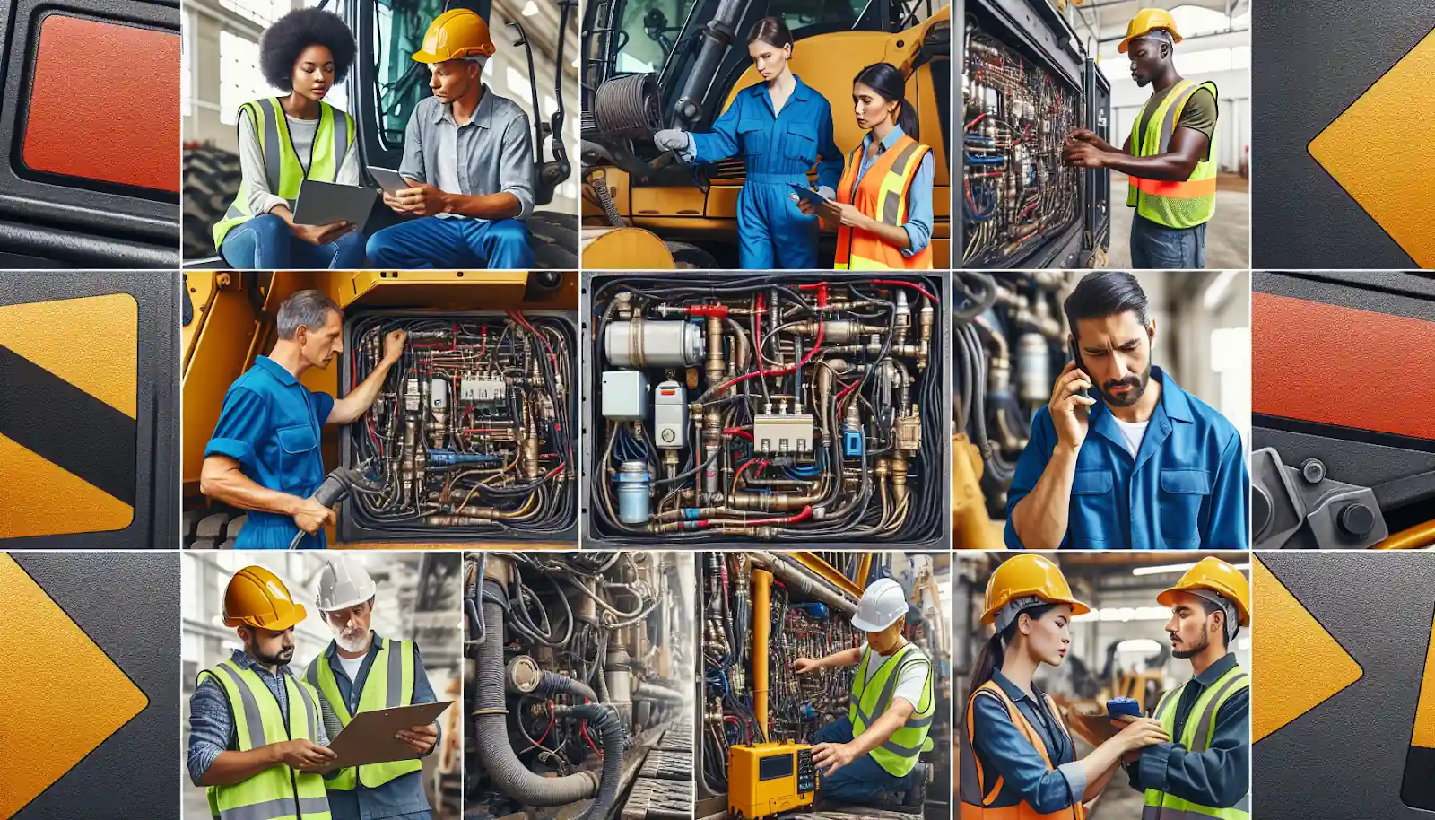 A collage of industrial workers in various scenarios, including inspections, discussions, and maintenance of heavy machinery. Engineers, technicians, and safety professionals are seen performing tasks that involve complex wiring systems and equipment, depicted with attention to safety and collaboration.