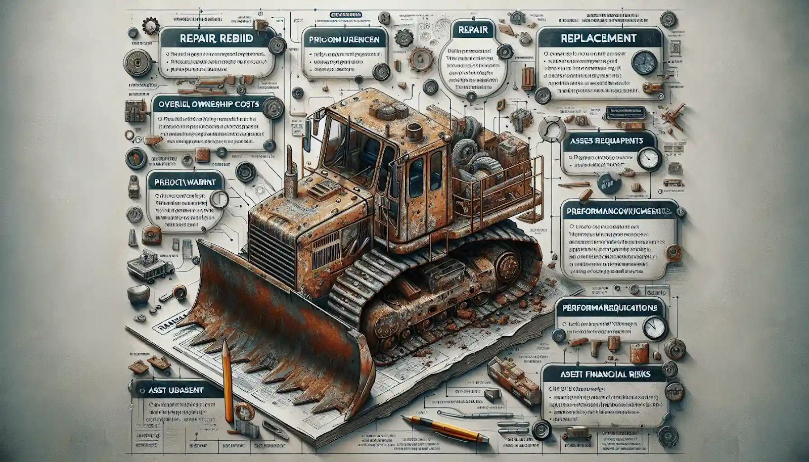 An artistic representation of a rusted bulldozer emerging from schematics and diagrams related to repair, maintenance costs, warranty, and replacement parts. The illustration creates a three-dimensional effect with the bulldozer appearing to break out from the page strewn with tools, gears, and mechanical components.