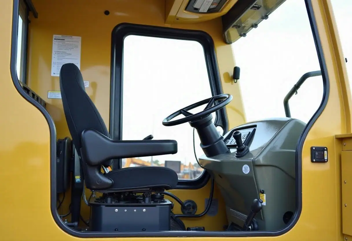 Interior of a motor grader cab, featuring ergonomic joystick controls and a spacious design.