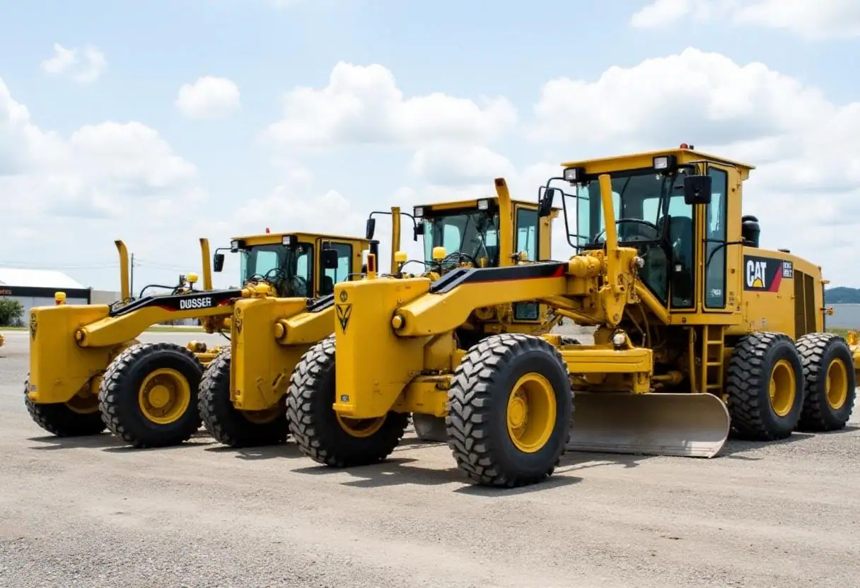 Different sizes of motor graders parked side by side, showcasing size variations.