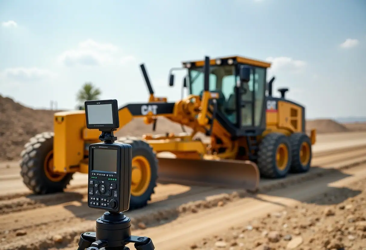 Motor grader equipped with a GPS system for precise grading and elevation control.