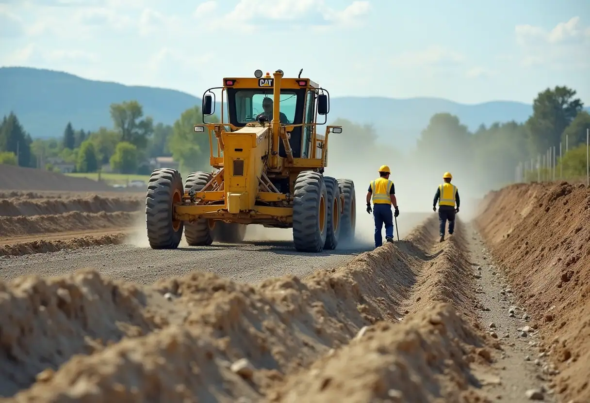 Motor grader at a construction site, leveling the ground for a new road.