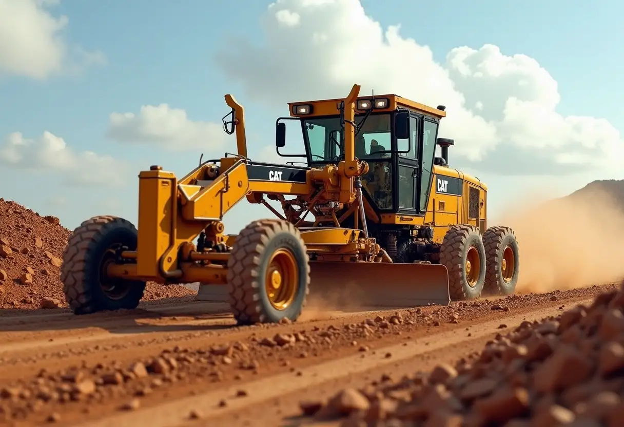 A motor grader in action, leveling a dirt road with precision using advanced technology.