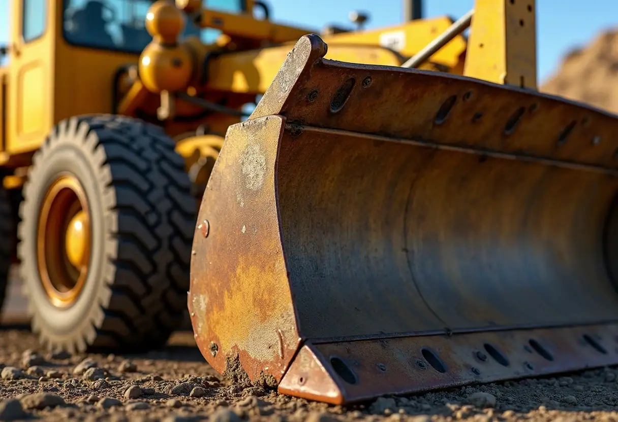 Close-up of a motor grader blade, highlighting its size and thickness.