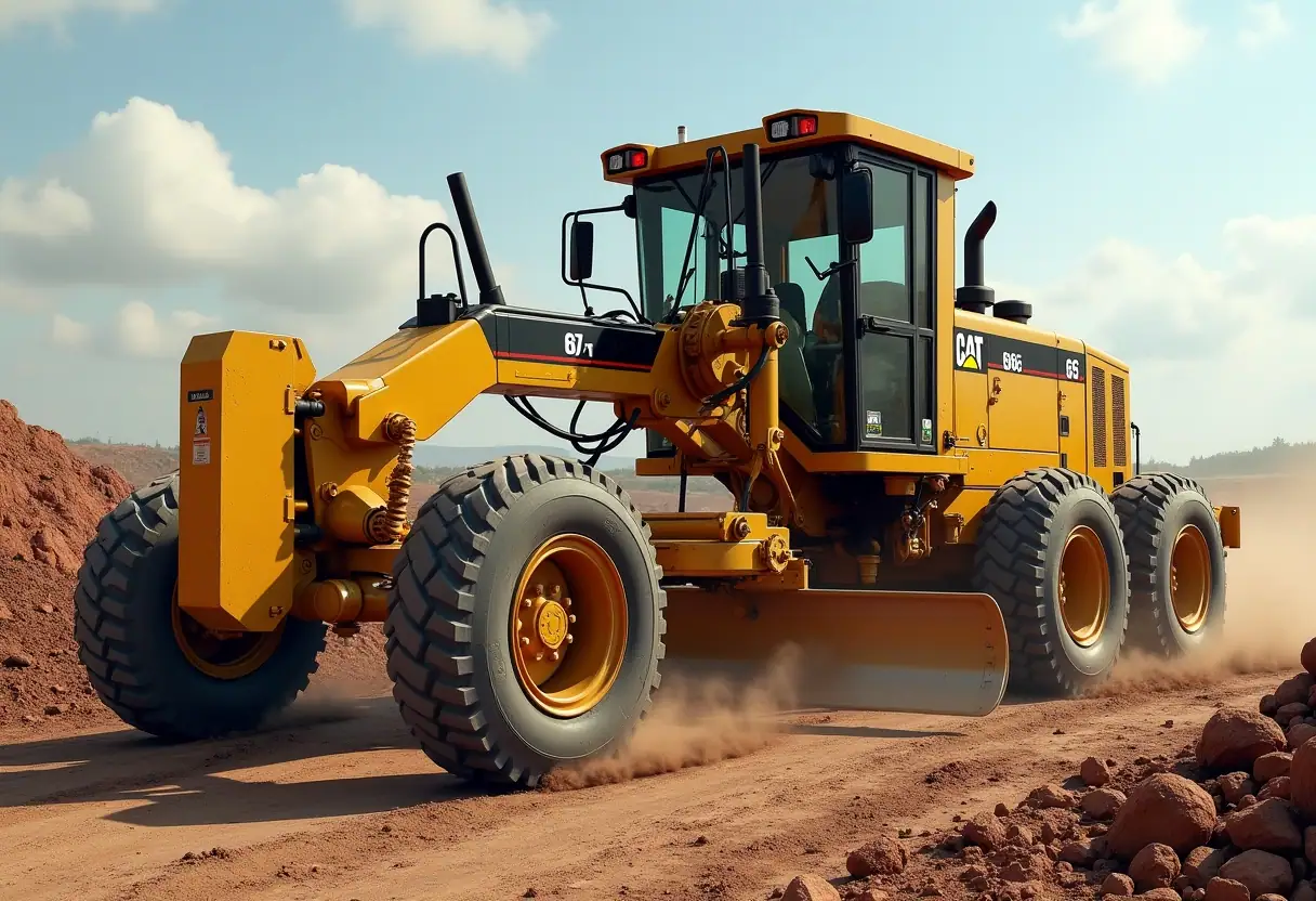 A motor grader making a sharp turn, demonstrating its articulation and maneuverability.