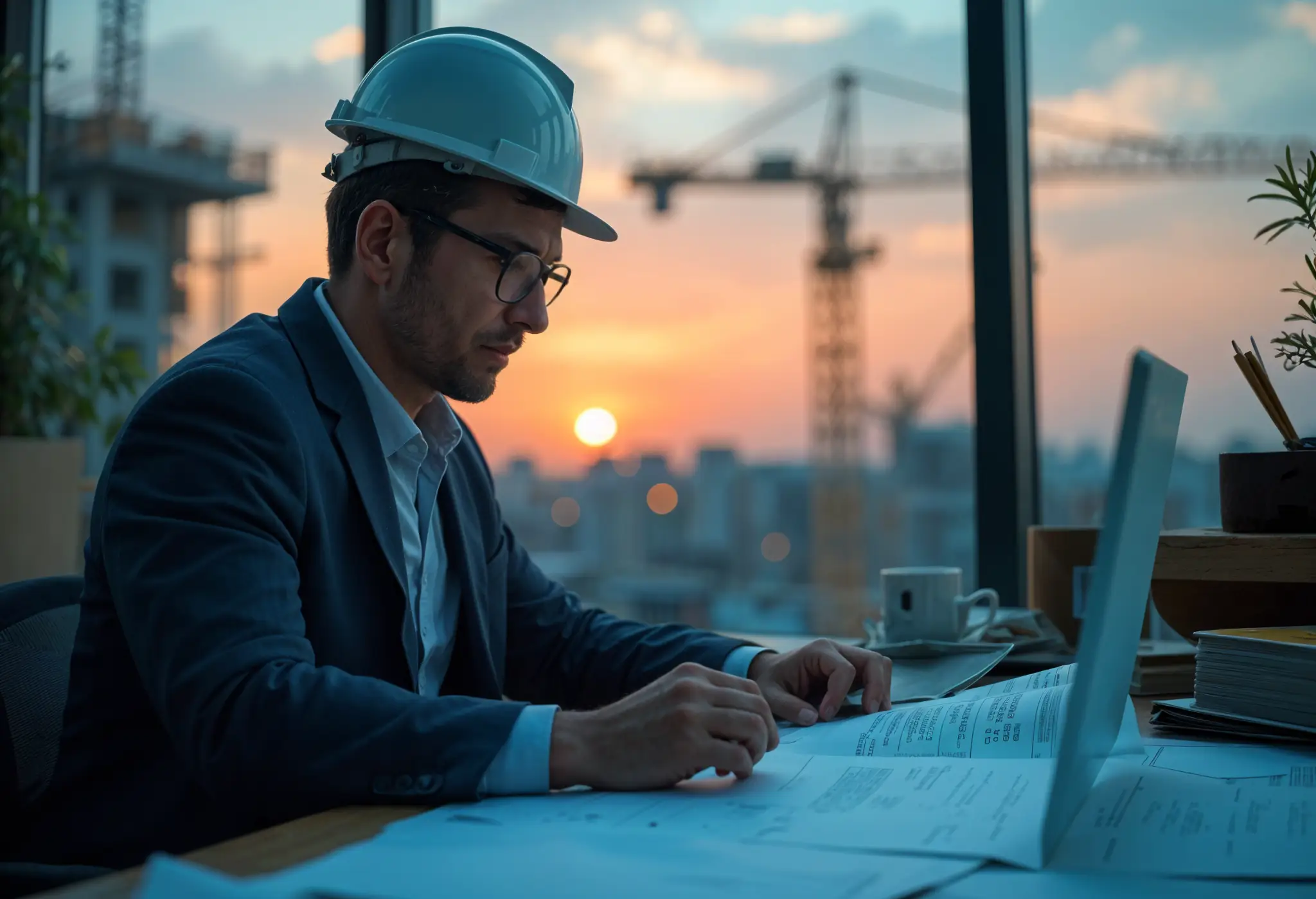 A Project Manager reviewing construction blueprints and quality control documents at a construction site.