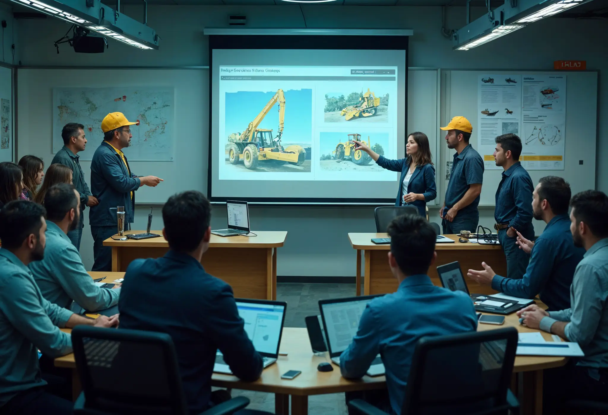 A group of construction workers in a classroom, learning about quality control procedures for machinery.