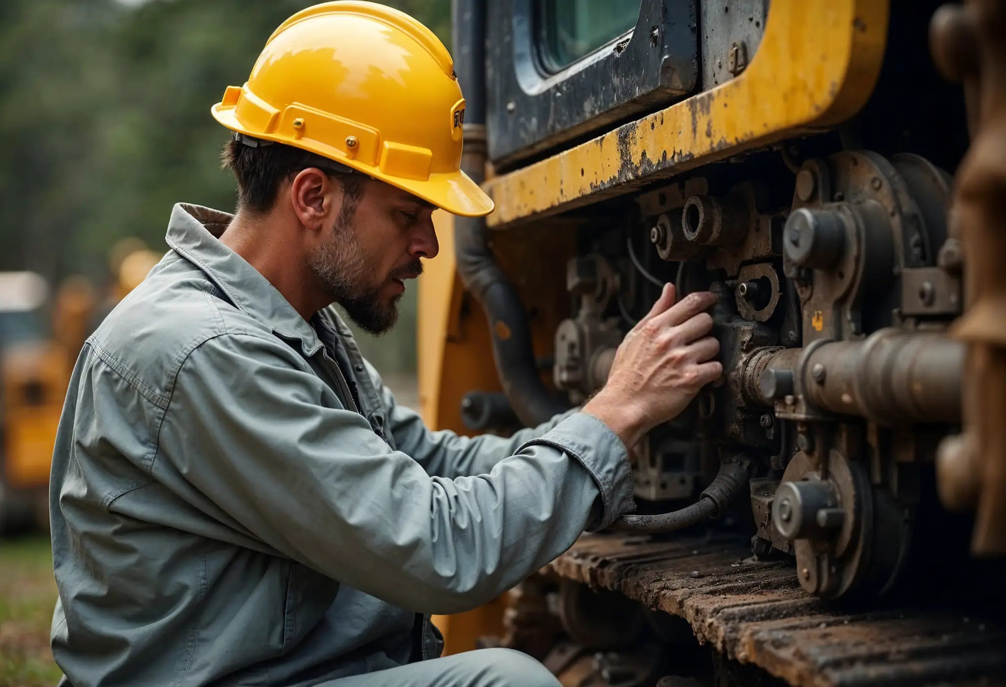 Worker checking the accessibility of essential components on a piece of construction machinery to ensure efficient maintenance. Proper accessibility of components can reduce maintenance time by up to 50%, improving overall operational efficiency.