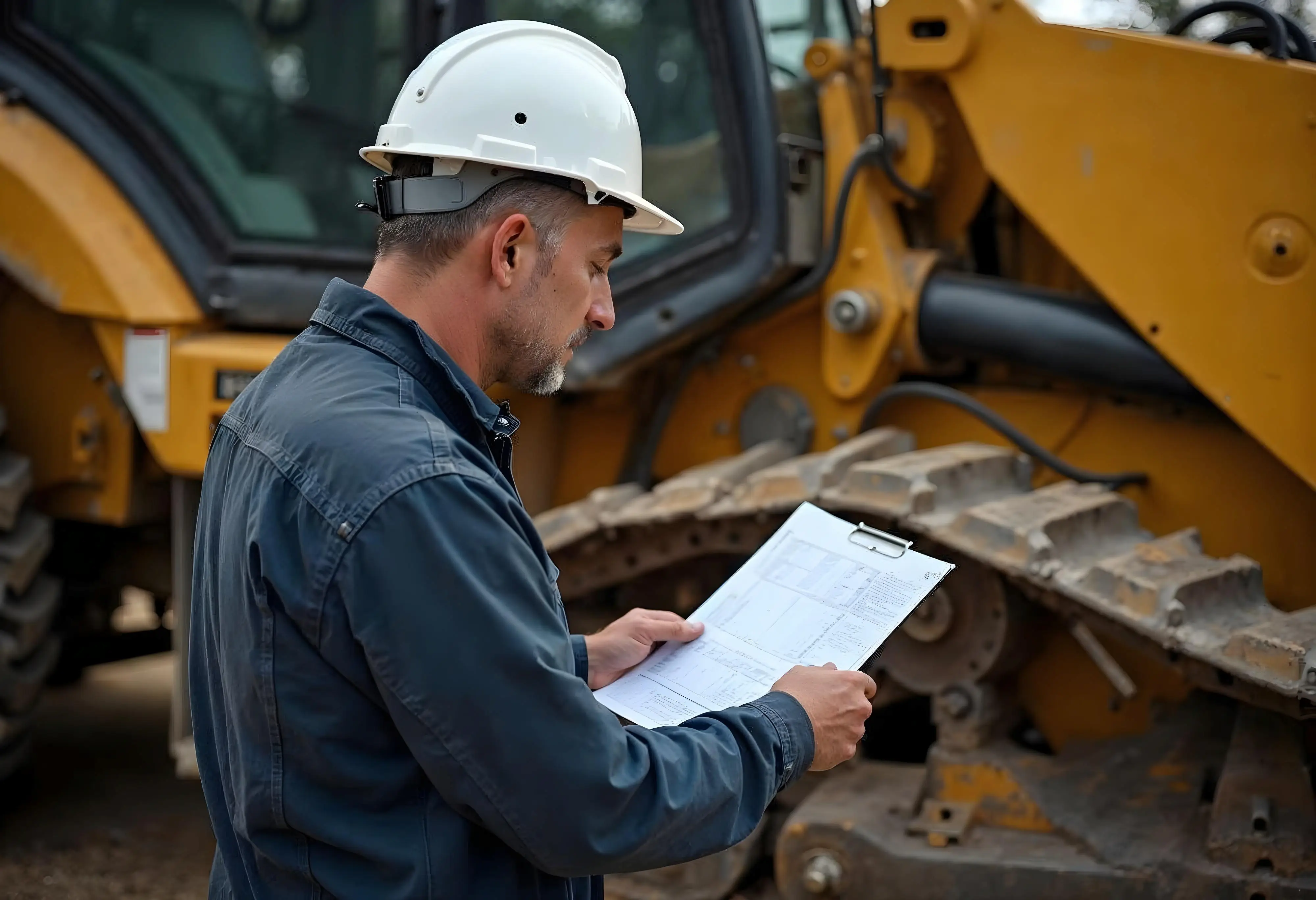  Technician reviewing a construction machine's maintenance history documentation to ensure proper upkeep and compliance. This process is vital for tracking preventive maintenance, parts replacements, and repairs, contributing to the machine's long-term performance.