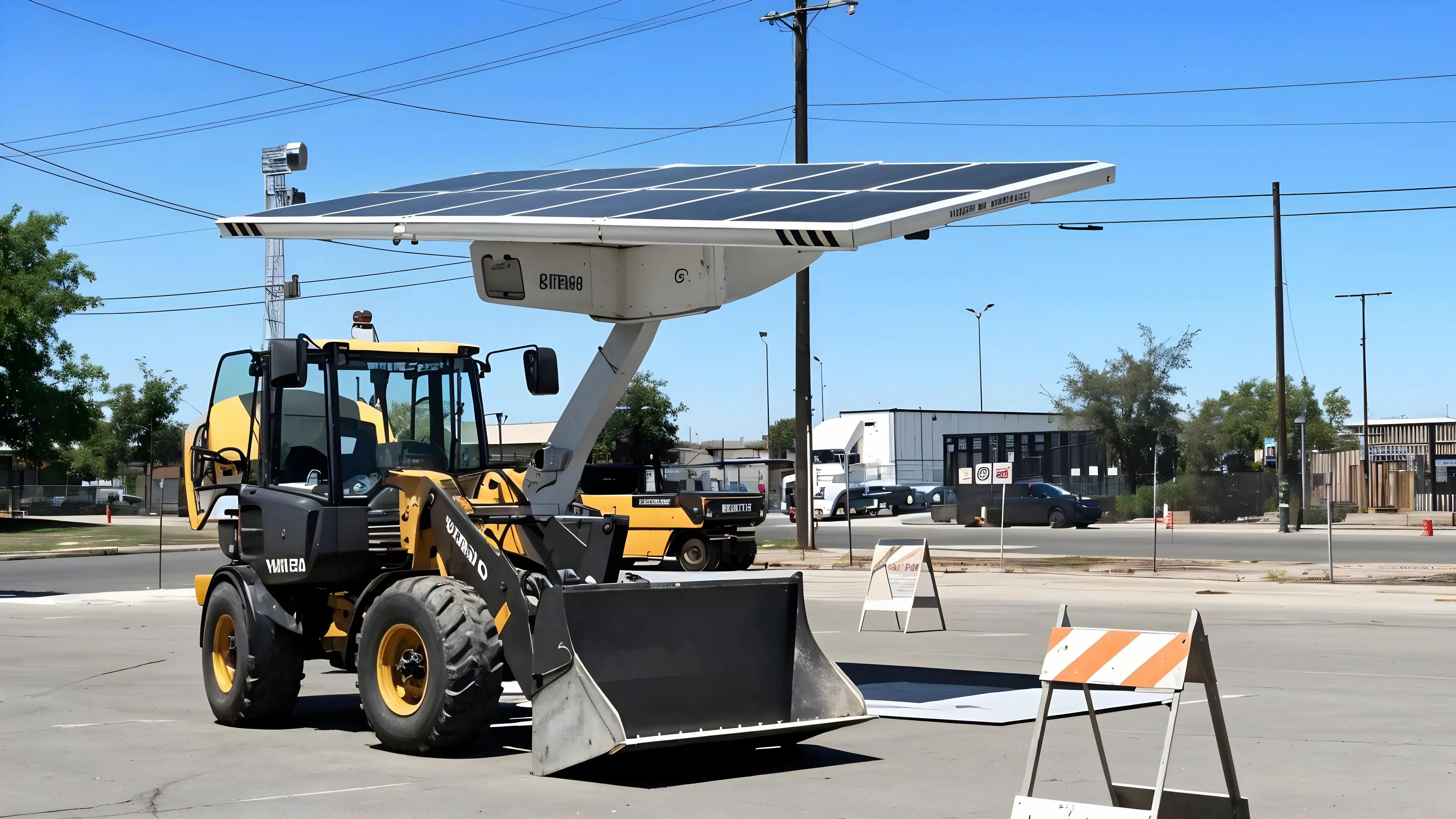 Solar-powered charging station for construction equipment in a remote location.