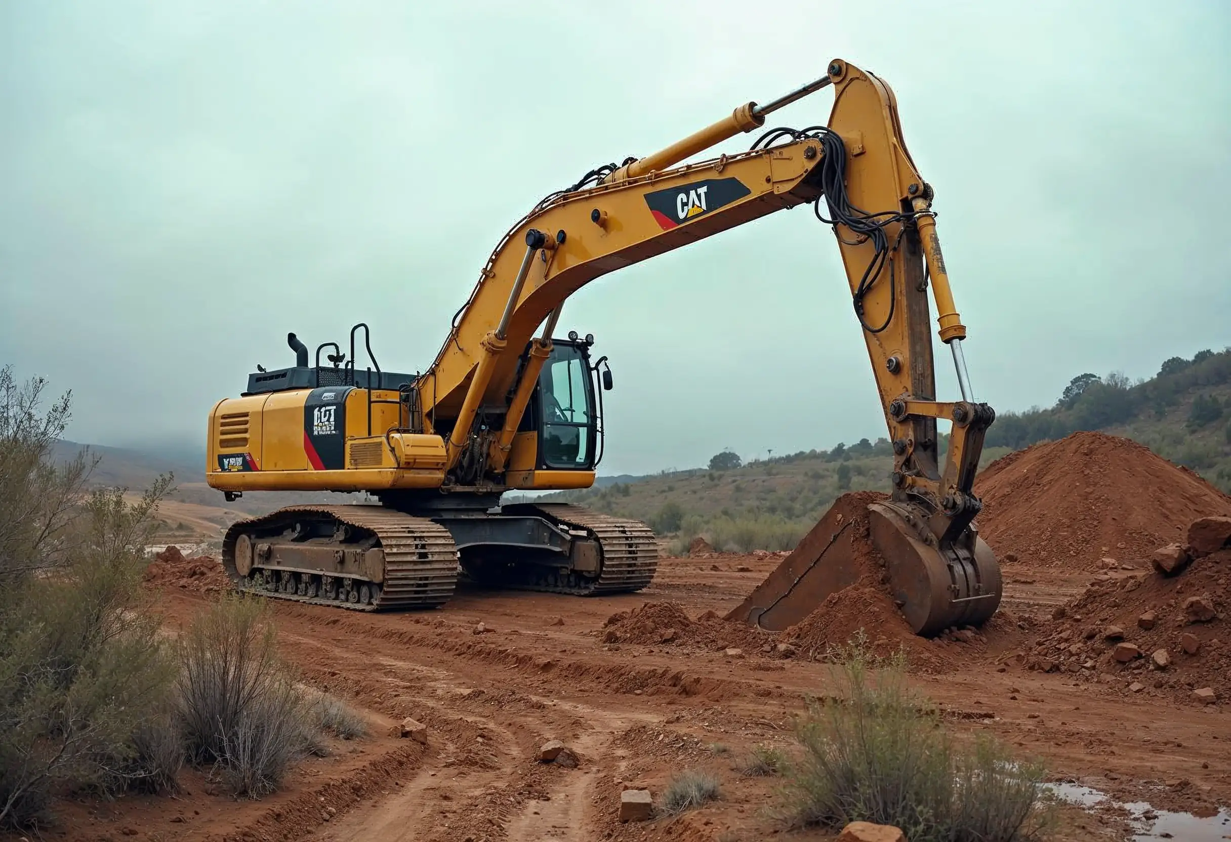 Excavator operating on rugged terrain at a remote construction site.