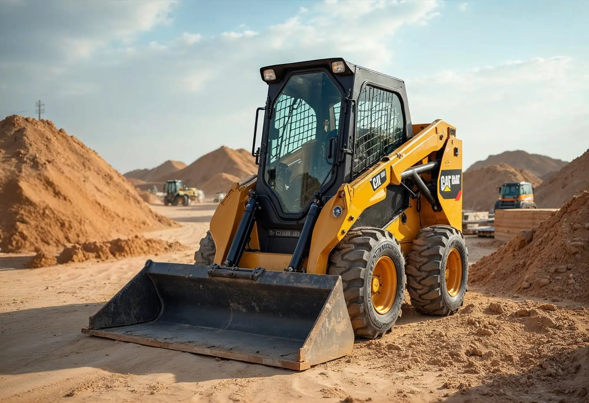 Skid-steer loader with multiple attachments at a construction site.