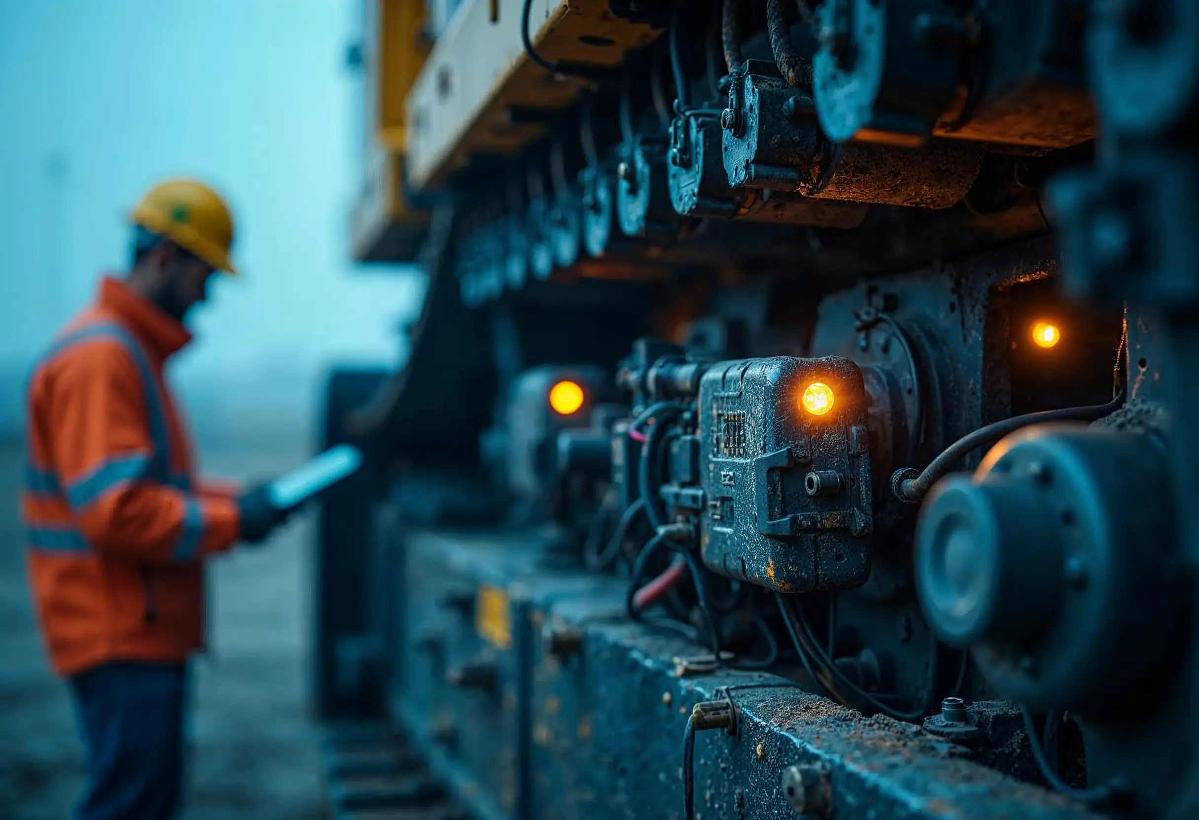 Close-up of IoT sensors installed on heavy construction equipment.