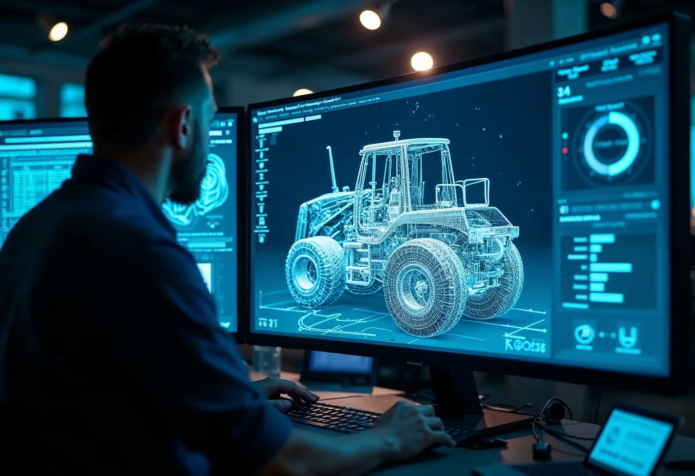 3D digital twin simulation of construction equipment.